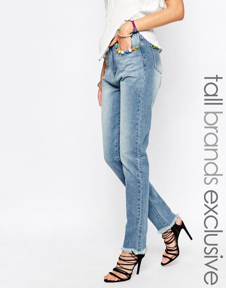 Liquor And Poker Tall Lax Mom Jean With And Pom Pom Trim - Blue