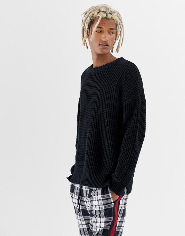 Collusion Chunky Fisherman Rib Sweater With Crew Neck In Black - Black