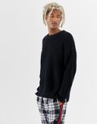 Collusion Chunky Fisherman Rib Sweater With Crew Neck In Black - Black