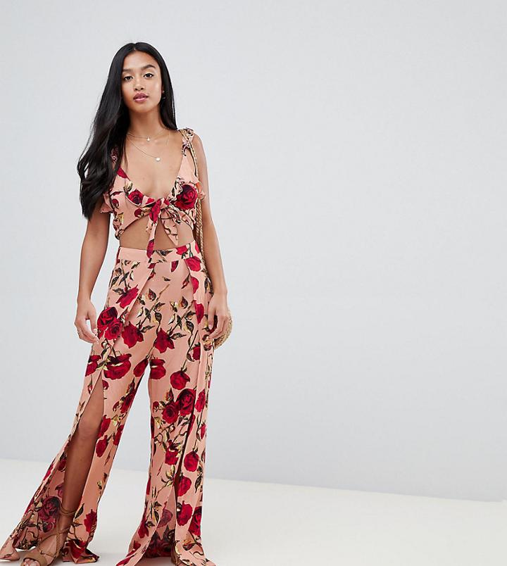 Sisters Of The Tribe Petite Tie Back Crop Top In Romantic Rose Print Two-piece - Pink