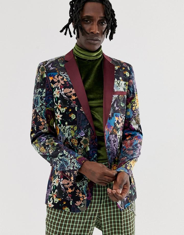 Asos Edition Skinny Blazer In Purple Floral Patchwork Velvet - Purple