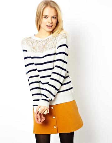 Asos Sweater In Stripe With Lace Insert