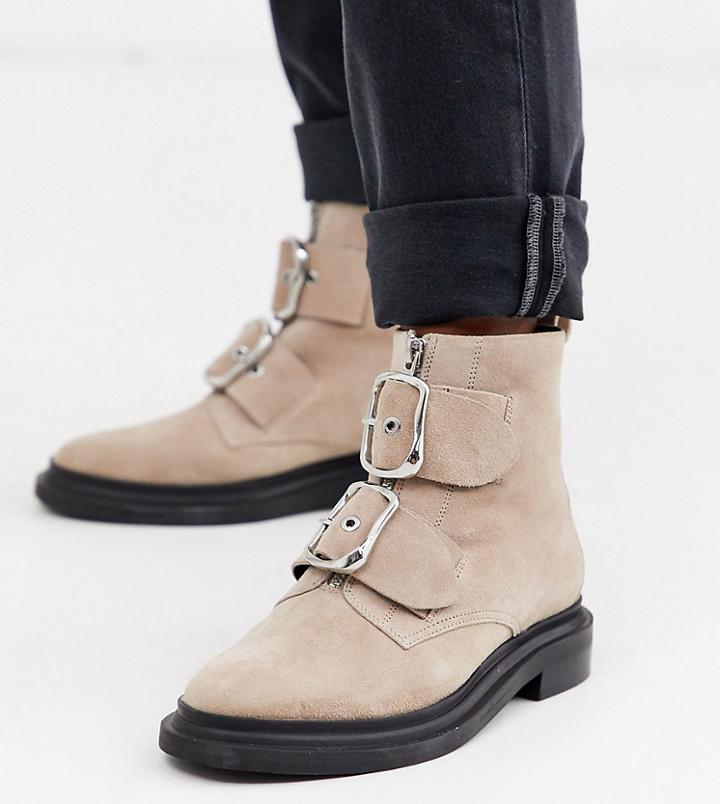 Asos Design Wide Fit Attribute Premium Suede Hardware Boots In Sand