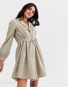 Asos Design Button Through Mini Cotton Shirt Dress With Ruched Waist-cream