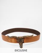 Retro Luxe London Leather Western Belt With Bull Head Buckle