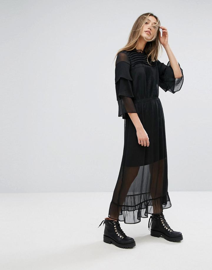 Gestuz Long Dress With Lace Detail - Black