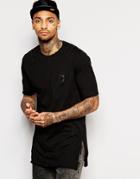 Religion Longline T-shirt With Badge & Side Split - Black