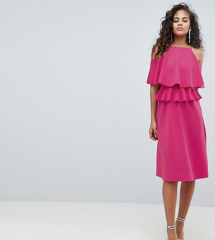 Asos Design Tall Midi High Neck Ruffle Skater Dres - Pink