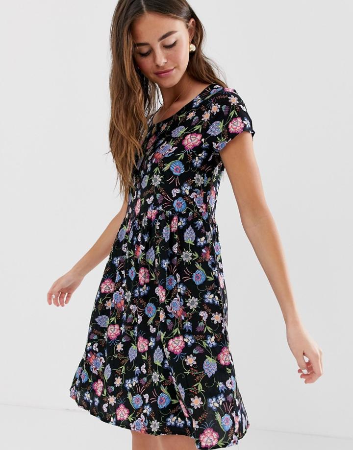 Brave Soul Smock Dress In Paisley Floral - Black