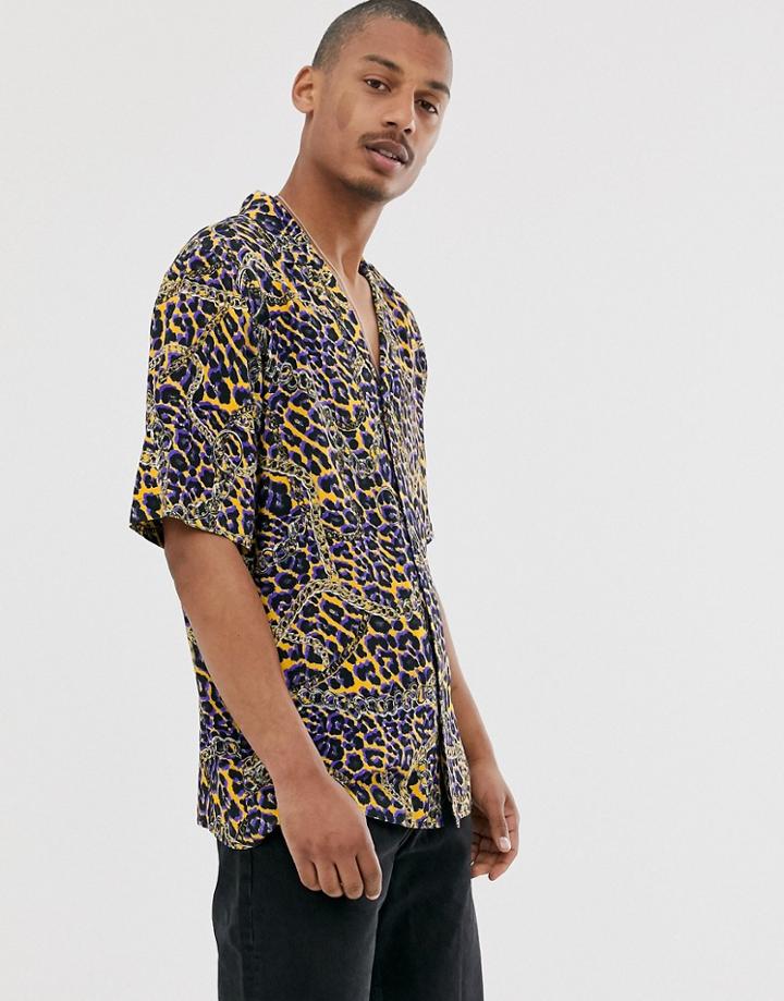 Vintage Supply Revere Collar Shirt In Animal Chain Print-purple