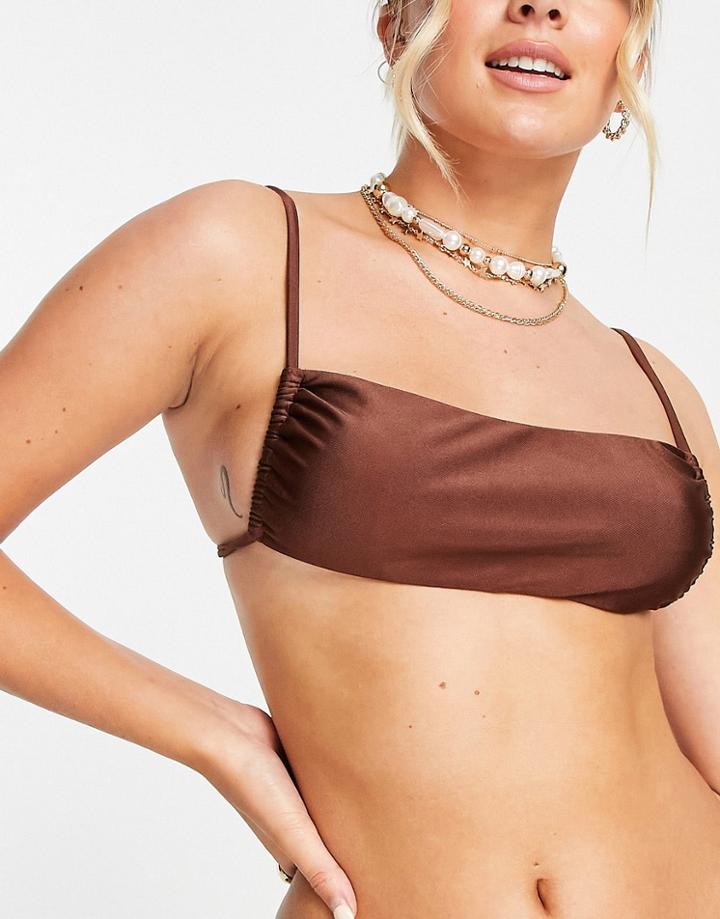Topshop Shiny Ruche Crop Bikini Top In Chocolate-brown