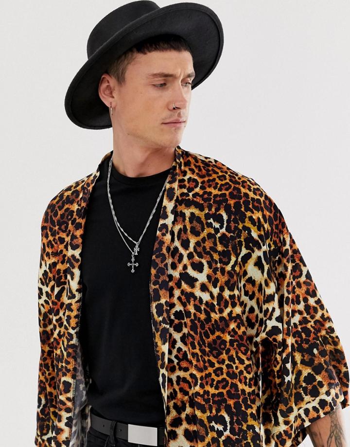 Asos Design Leopard Print Kimono - Brown