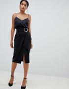 Closet London Wrap Front Midi Skirt With Buckle Detail-black