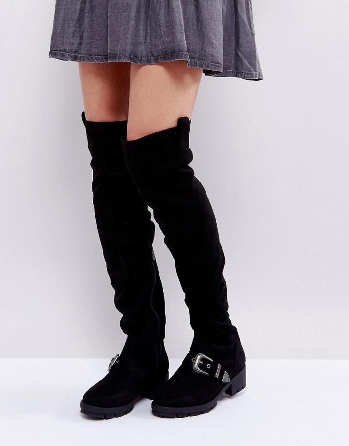 Truffle Collection Flat Chunky Over The Knee Boot - Black