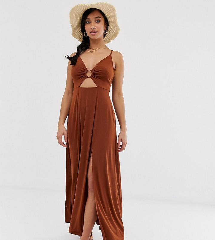 Asos Design Petite Slinky Maxi Dress With Cut Out And Ring Detail - Brown