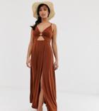 Asos Design Petite Slinky Maxi Dress With Cut Out And Ring Detail - Brown