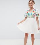 Asos Design Petite Pleated Embroidered Mini Dress - Cream
