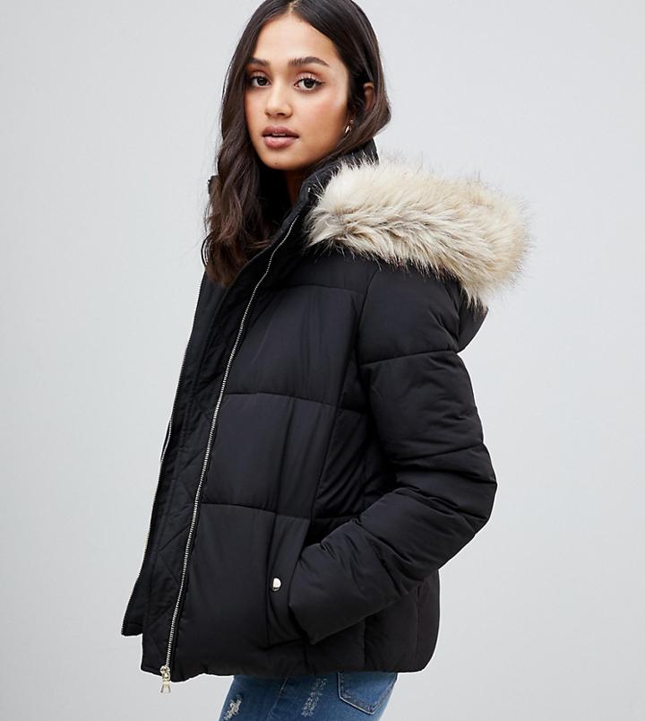 Miss Selfridge Padded Jacket With Faux Fur Trim In Black