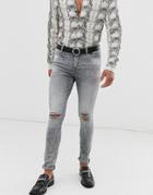 Asos Design 12.5oz Super Skinny Jeans In Washed Gray With Busted Knees - Gray
