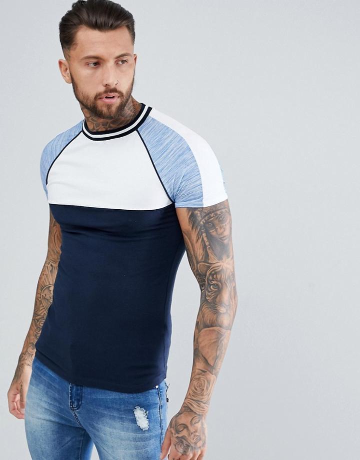 Asos Design Muscle Raglan T-shirt With Interest Fabric Sleeves And Piping In Blue - Navy