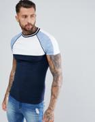 Asos Design Muscle Raglan T-shirt With Interest Fabric Sleeves And Piping In Blue - Navy