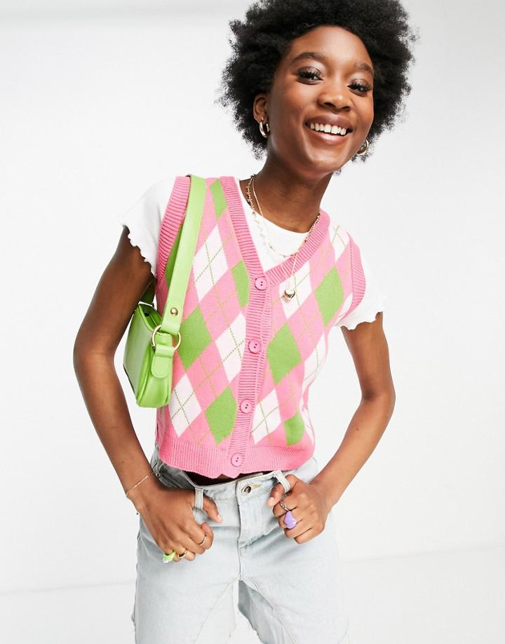 Daisy Street Sweater Tank Cardigan In Fun Argyle Knit Set-pink