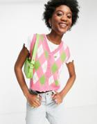 Daisy Street Sweater Tank Cardigan In Fun Argyle Knit Set-pink