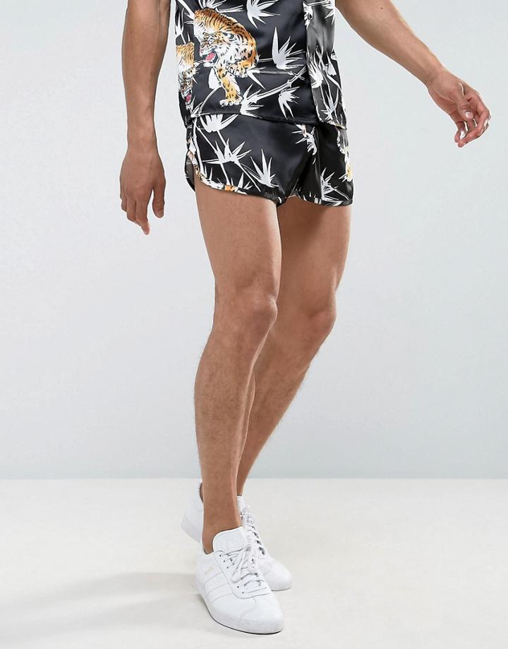 Asos Co-ord Slim Runner Shorts With Bamboo And Tiger Print - Black