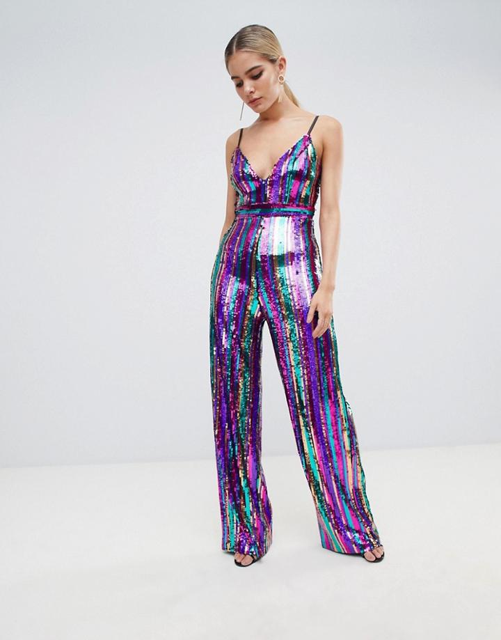 Outrageous Fortune Sequin Plunge Front Wide Leg Jumspuit In Rainbow Stripe - Multi