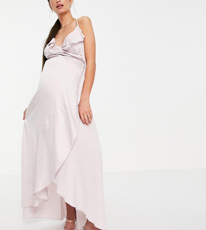 Little Mistress Maternity Ruffle Wrap Midaxi Satin Dress In Blush-pink