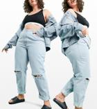 Asos Design Curve High Rise 'slouchy' Mom Jeans Brightwash With Rips-blue