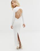 Asos Design Long Sleeve Strappy Back Maxi Dress-white