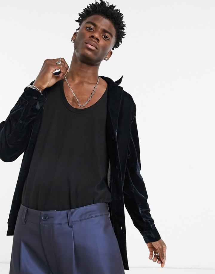 Asos Design Regular Fit Velvet Shirt With Revere Collar In Navy
