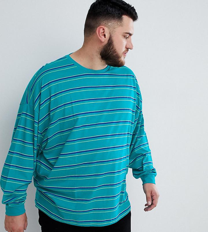 Asos Design Plus Oversized Long Sleeve T-shirt With Bright Green Stripe - Green