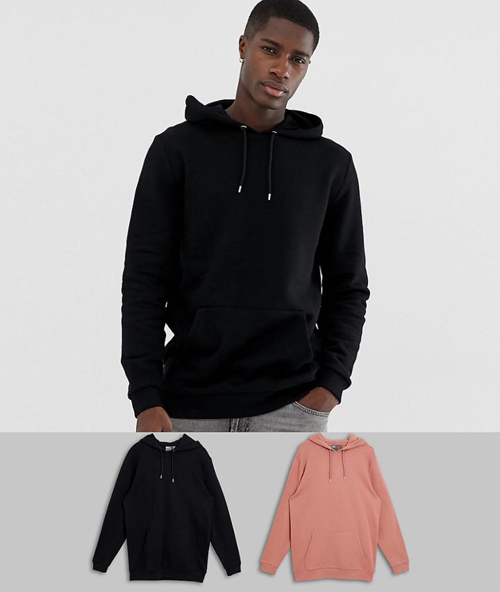 Asos Design Longline Hoodie 2 Pack Pink/ Black Save - Multi