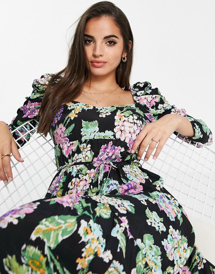 Miss Selfridge Sleeve Detail Midi Dress In Large Bloom-multi