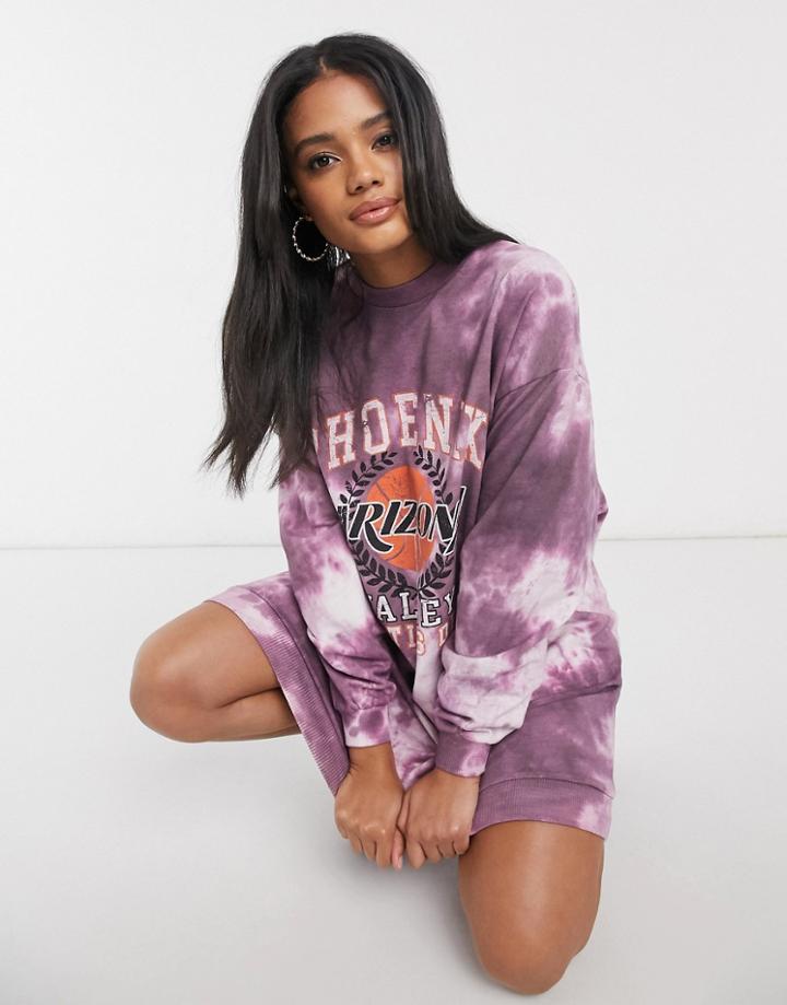 Asos Design Oversized Sweatshirt Dress In Tie Dye Purple With Varsity Graphic