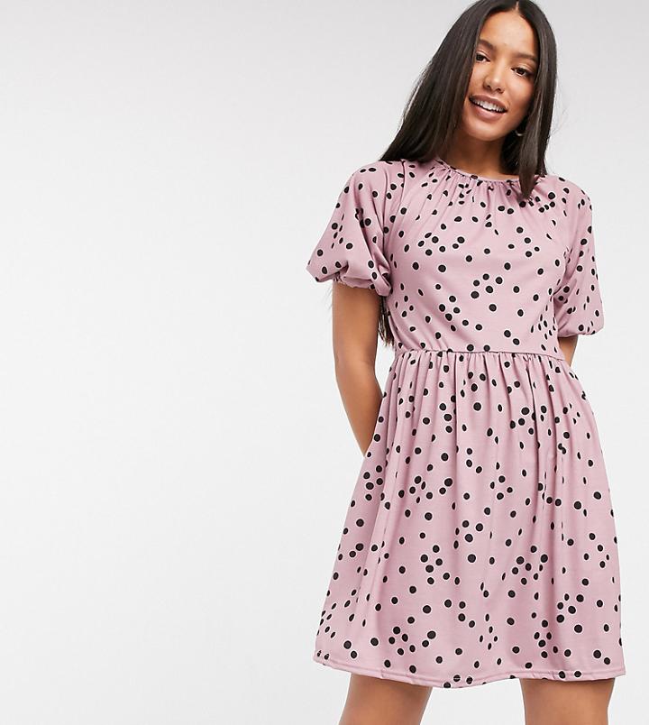 Asos Design Tall Gathered Neck Mini Smock Dress In Dusty Pink And Black Spot