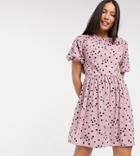 Asos Design Tall Gathered Neck Mini Smock Dress In Dusty Pink And Black Spot