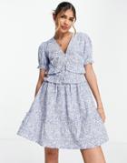 Influence Short Sleeve Button Down Front Mini Dress In Blue Floral-multi