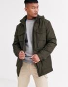 Asos Design Hooded Parka With Detachable Faux Fur Trim In Khaki-green