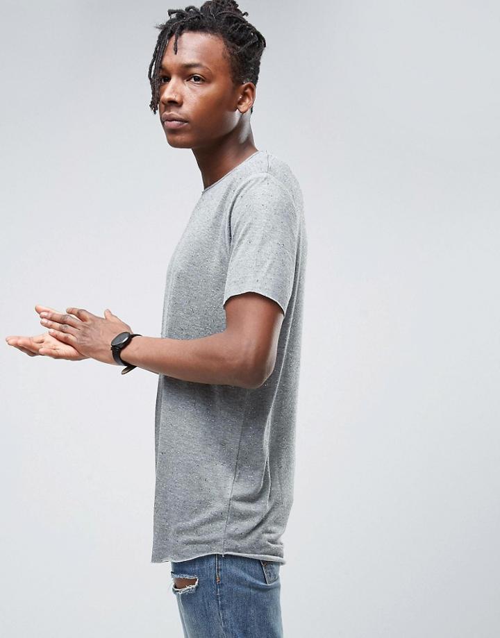 Asos Longline T-shirt With Curved Hem In Gray Textured Fabric - Gray