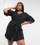 Asos Design Curve Mini Dress With Bubble Sleeve And Tie Belt In Black
