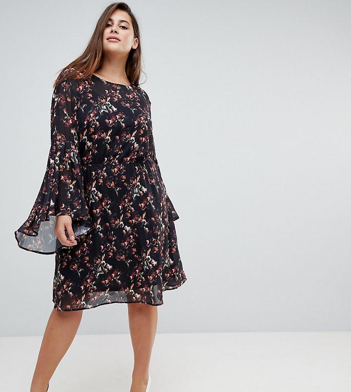 Unique 21 Hero Smock Dress With Frill Sleeve In Fall Blossom Print - Black