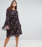 Unique 21 Hero Smock Dress With Frill Sleeve In Fall Blossom Print - Black
