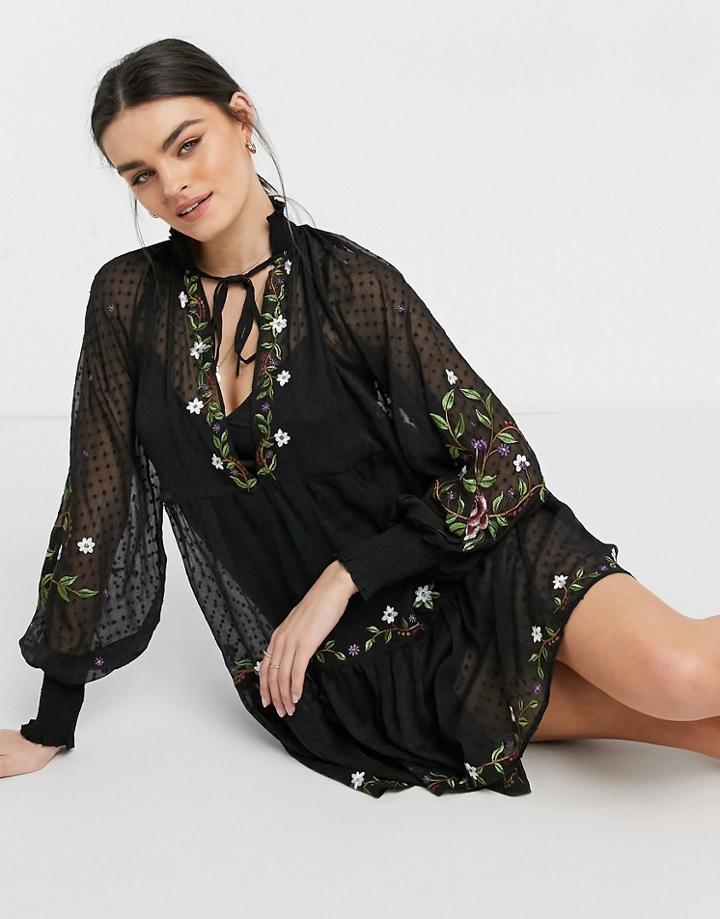 Asos Design Embroidered Mini Smock Dress With Shirred Cuffs In Black