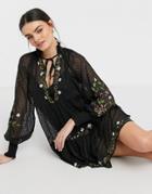 Asos Design Embroidered Mini Smock Dress With Shirred Cuffs In Black