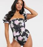 Asos Design Petite Puff Sleeve Milkmaid Swimsuit In Galaxy Floral Print-multi