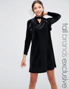 True Decadence Tall Frill Long Sleeve Velvet Shift Dress - Black