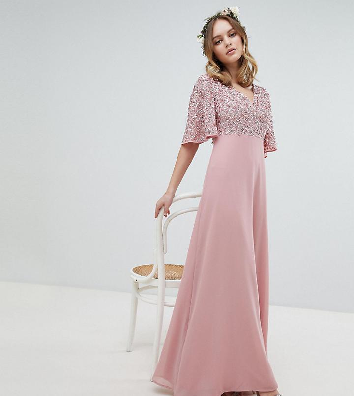 Maya Petite Sequin Top Maxi Bridesmaid Dress With Flutter Sleeve Detail - Pink